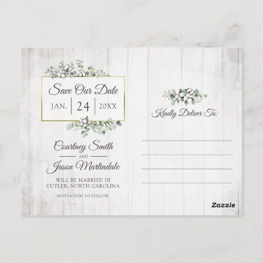 Bewaar de datum Southern Cotton Wedding 3-foto Briefkaart (Achterkant)