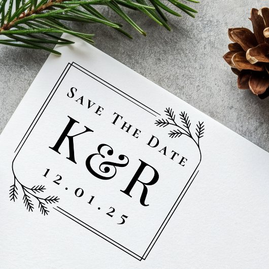 Bewaar de datum sparrenframe monogram winter bruil zelfinktende stempel