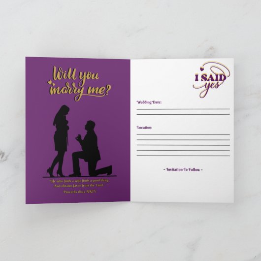 Bewaar de datum (Spreuken 18:22) Paarse/Goud/Wit Kaart (Binnen)