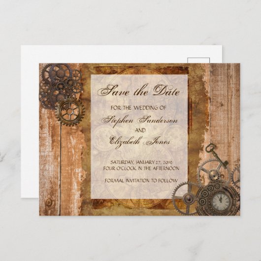 Bewaar de datum Steampunk Industrial Gears Aankondigingskaart (Voorkant / Achterkant)