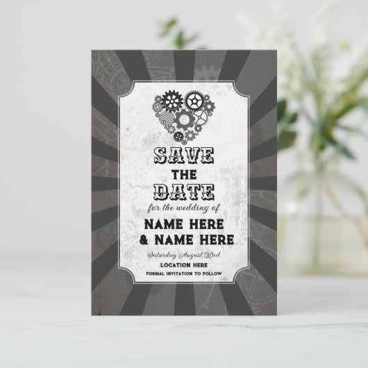 Bewaar de datum Steampunk Wedding Hearts Cogs Save The Date (Staand voorkant)