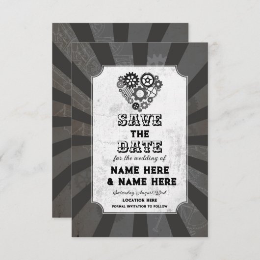 Bewaar de datum Steampunk Wedding Hearts Cogs Save The Date (Voorkant / Achterkant)