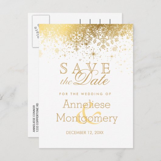 Bewaar de datum Stijlvolle witte en gouden sneeuwv Aankondigingskaart (Voorkant / Achterkant)