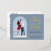 Bewaar de datum Stofblauw Foto in Arch Goud Schrif Folie Uitnodiging Briefkaart (Voorkant / Achterkant)