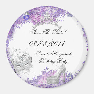 Bewaar de datum Sweet 16 Masquerade Paars Wit 2 Magneet