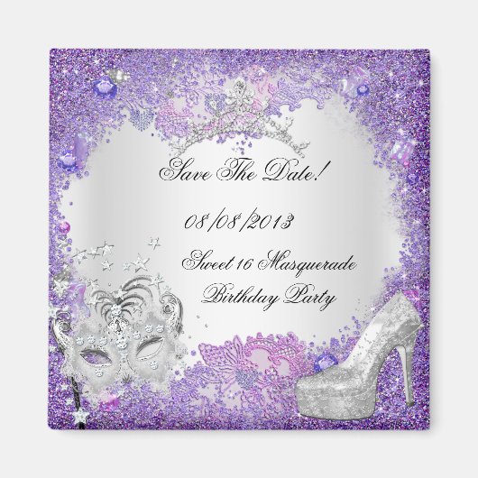 Bewaar de datum Sweet 16 Masquerade Paars Wit Magneet (Voorkant)