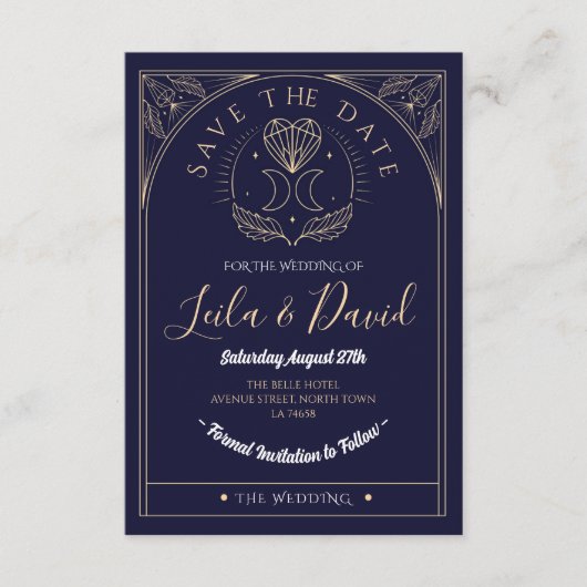 Bewaar de datum Tarot Moon Crystal Hearts Wedding Informatiekaartje (Voorkant)