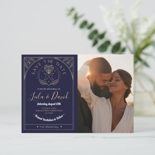 Bewaar de datum Tarot Moon Crystal Hearts Wedding Informatiekaartje (Staand voorkant)