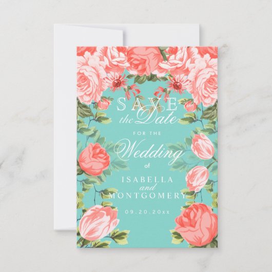 Bewaar de datum Teal en botanische koraalbloemen Save The Date (Voorkant)