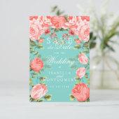 Bewaar de datum Teal en botanische koraalbloemen Save The Date (Staand voorkant)