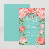 Bewaar de datum Teal en botanische koraalbloemen Save The Date (Voorkant / Achterkant)