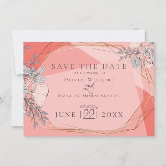 Bewaar de datum | Trendy Koraal Bloem Gouden Lijst Kaart (Voorkant)