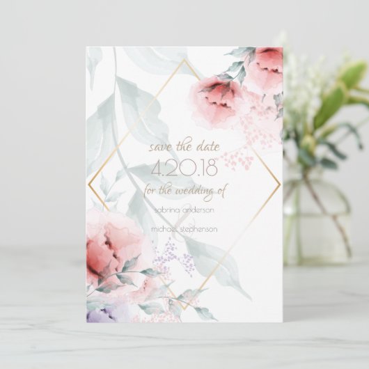 Bewaar de datum | Trendy Koraal/Lilac Aquarel Pioe Save The Date (Staand voorkant)