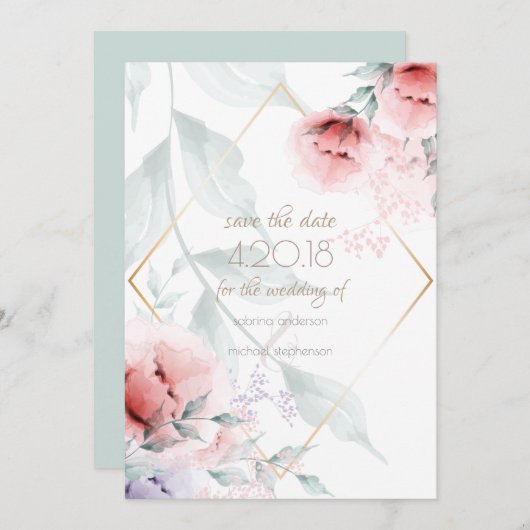 Bewaar de datum | Trendy Koraal/Lilac Aquarel Pioe Save The Date (Voorkant / Achterkant)