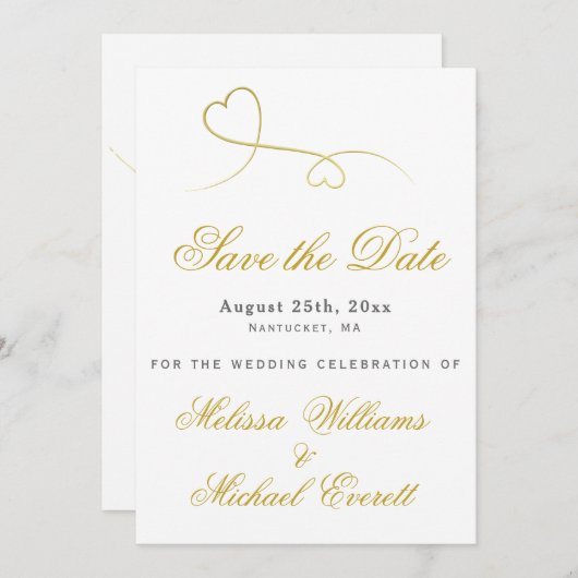 Bewaar de datum | Trouwen met twee elegante gouden Save The Date (Voorkant / Achterkant)