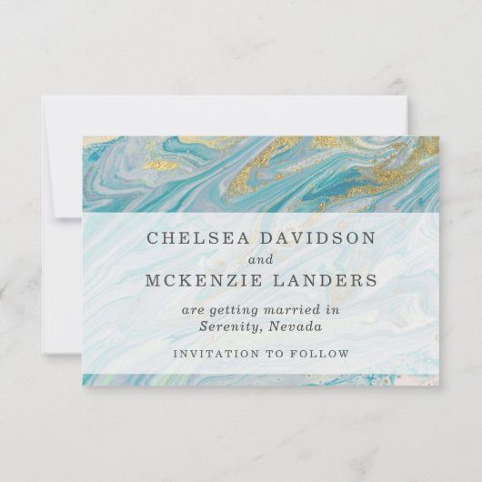 Bewaar de datum Turquoise & Gold Marble 3-fotokaar Kaart (Achterkant)