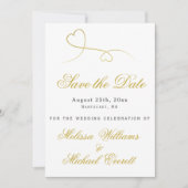 Bewaar de Datum | Twee Elegante Gouden Hartjes Bru Save The Date (Voorkant)