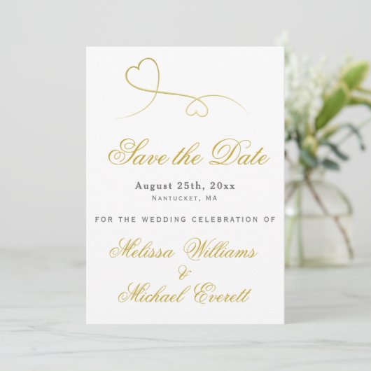 Bewaar de Datum | Twee Elegante Gouden Hartjes Bru Save The Date (Staand voorkant)