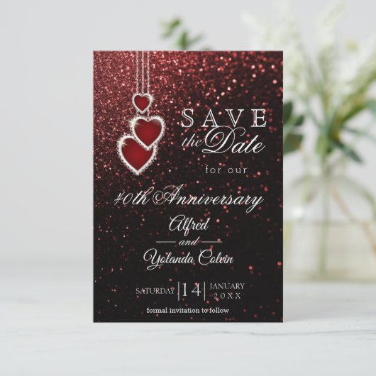 Bewaar de datum - Uitnodiging met rode glitter (Staand voorkant)