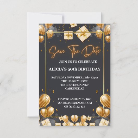 Bewaar de Datum Uitnodiging Zwart Goud 50e Verjaar (Voorkant)