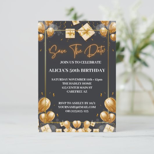 Bewaar de Datum Uitnodiging Zwart Goud 50e Verjaar (Staand voorkant)