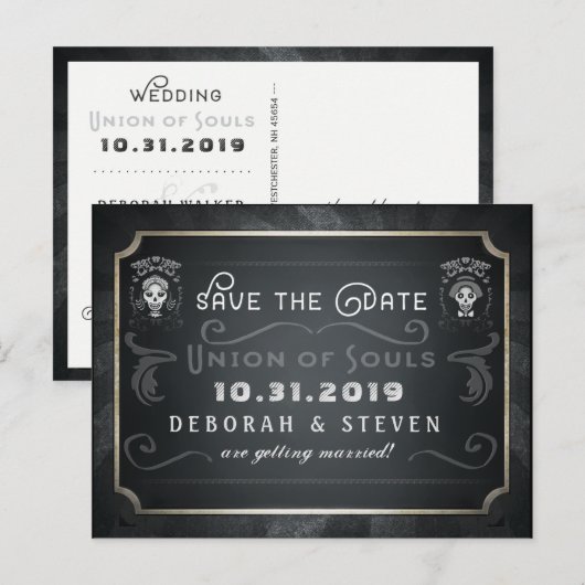 Bewaar de datum Union of Souls Skeletons Wedding Aankondigingskaart (Voorkant / Achterkant)