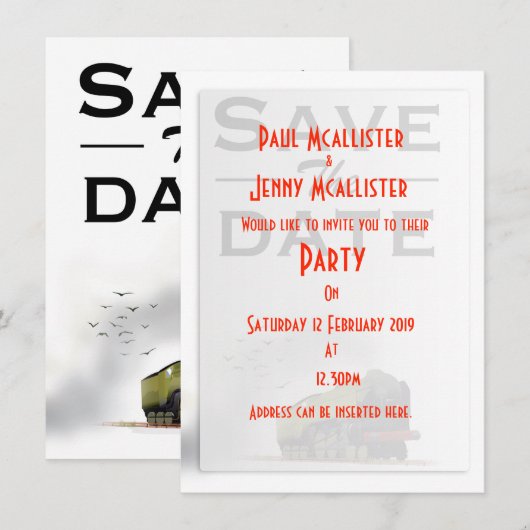 Bewaar de datum vintage locomotief uitnodiging (Voorkant / Achterkant)