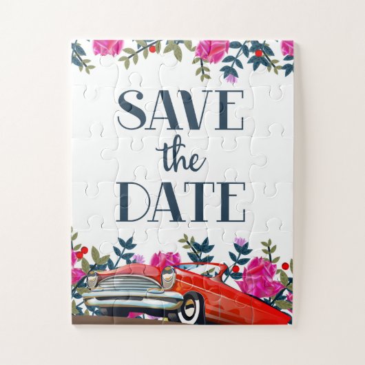 Bewaar de datum vintage rode auto legpuzzel (Verticaal)
