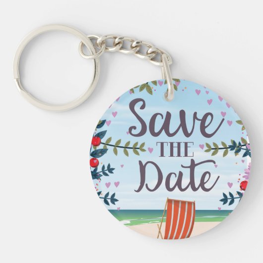 Bewaar de datum vintage strand en dekstoel sleutelhanger (Voorkant)