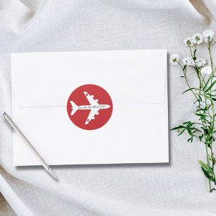 Bewaar de datum vliegtuig harten trouw aangepast ronde sticker