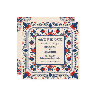 Bewaar de datum, volks kunst bloemmotief, rood wit kaart