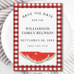 Bewaar de datum Watermelon Family Reunion Save The Date<br><div class="desc">Plan je een familiereünie? Laat je familie de datum weten met deze unieke Save the Date-kaart. Het is versierd met waterverf watermeloenen en een rode en witte buffel check achtergrond. Gemakkelijk aan te passen. Originele Waterverf © Michele Davies.</div>