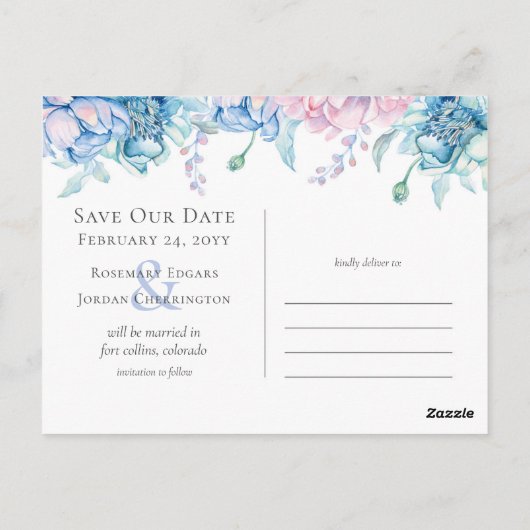 Bewaar de datum Waterverf Bloemenbruiloft 3-foto Briefkaart (Achterkant)