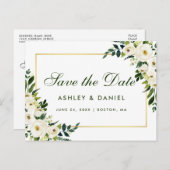 Bewaar de datum Waterverf Bloemgroen Wit Aankondigingskaart (Voorkant / Achterkant)