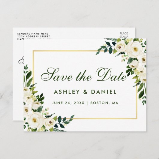 Bewaar de datum Waterverf Bloemgroen Wit Aankondigingskaart (Voorkant / Achterkant)