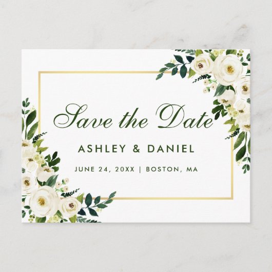 Bewaar de datum Waterverf Bloemgroen Wit Aankondigingskaart (Voorkant)