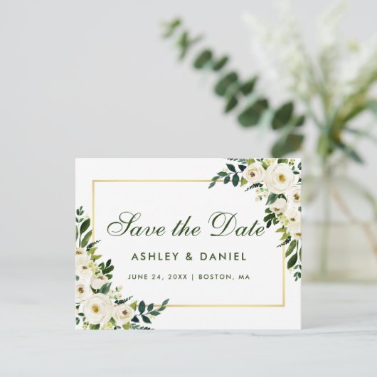 Bewaar de datum Waterverf Bloemgroen Wit Aankondigingskaart (Staand voorkant)