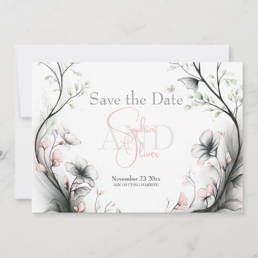 Bewaar de datum | Whimsical Delicate Roze Bloemen Kaart (Voorkant)