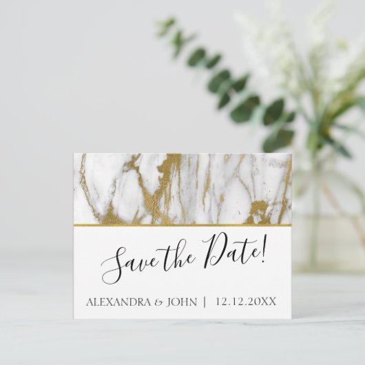 Bewaar de datum Wit en goud Elegant Marmer Briefkaart (Staand voorkant)