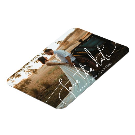 Bewaar de datum, witte handschrift trouwfoto magneet (Linkerzijde)