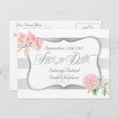 Bewaar de datum zilveren strepen en roze hortensia aankondigingskaart (Voorkant / Achterkant)