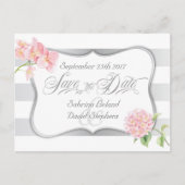 Bewaar de datum zilveren strepen en roze hortensia aankondigingskaart (Voorkant)