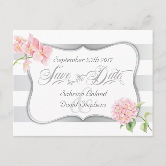 Bewaar de datum zilveren strepen en roze hortensia aankondigingskaart (Voorkant)