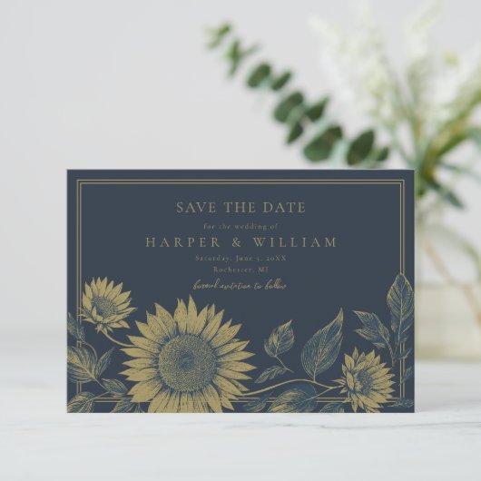 Bewaar de datum zonnebloem navy blauw kaart (Staand voorkant)