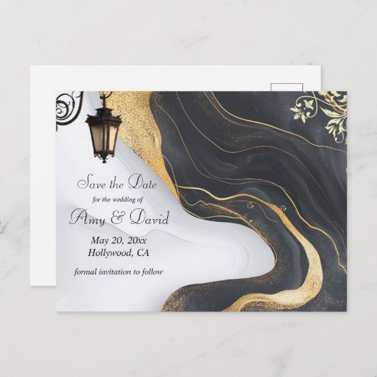 Bewaar de datum zwart en goud bruiloft aankondigin aankondigingskaart (Voorkant / Achterkant)