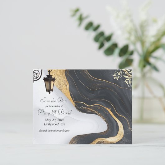 Bewaar de datum zwart en goud bruiloft aankondigin aankondigingskaart (Staand voorkant)