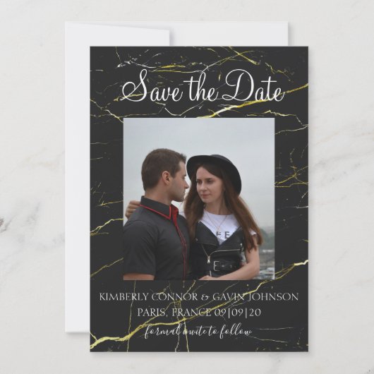 Bewaar de datum | Zwart en goud marmer Save The Date (Voorkant)