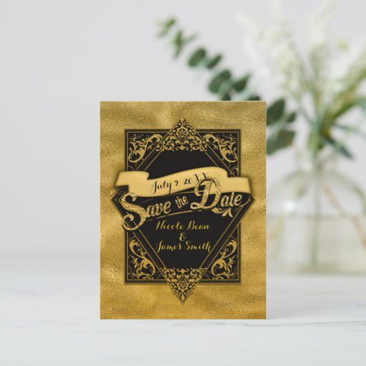 Bewaar de datum Zwart & Faux Gold Elegant Verlovin Briefkaart (Staand voorkant)