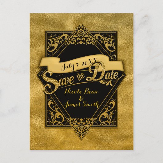 Bewaar de datum Zwart & Faux Gold Elegant Verlovin Briefkaart (Voorkant)