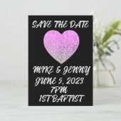 BEWAAR DE DATUM ZWART MET GLITTER HART PERSONALISE KAART (Staand voorkant)